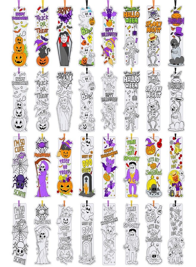 Skyygemm 80 Pcs Color Your Own Halloween Bookmarks with Ribbon Bulk DIY Coloring Bookmark Happy Halloween Black Cat Bat Witch Crafts Blank Paint Classroom Decorate for Student Party Supplies(White) - Image 1